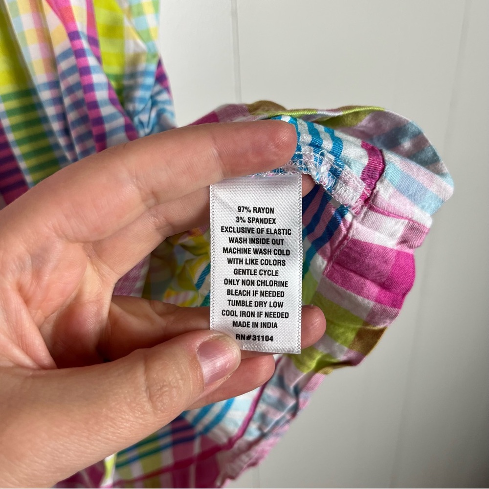 Crown & Ivy Colorful Plaid Smocked Stretch High Neck Blouse XL Ruffle Spring - Picture 4 of 5